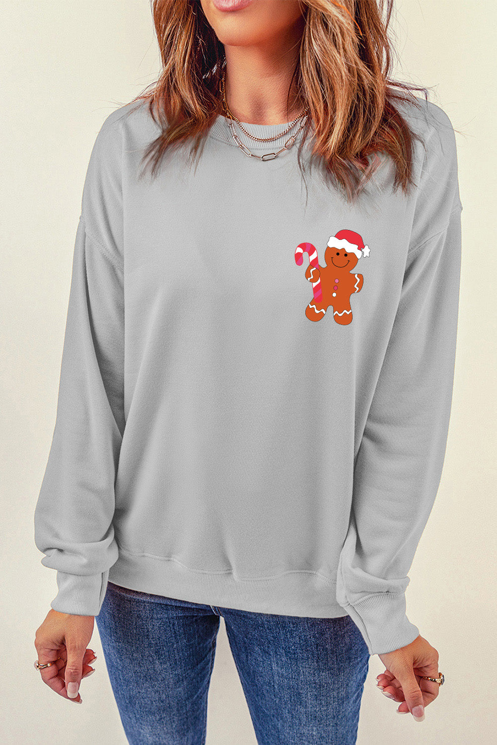 Gingerbread Round Neck Dropped Shoulder Sweatshirt-Jewearrings