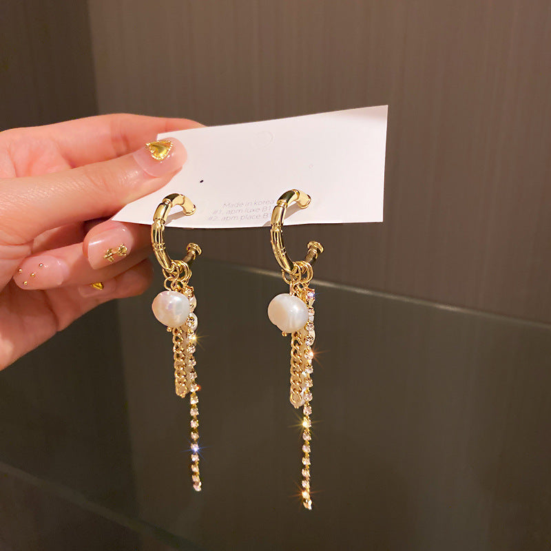 New Tassel Pearl Earrings With Diamonds-Jewearrings