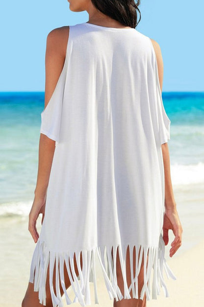 Fringe V-Neck Cold Shoulder Cover Up-Jewearrings