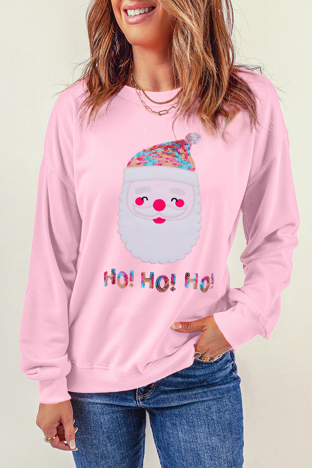 Sequin Santa Graphic Round Neck Sweatshirt-Jewearrings