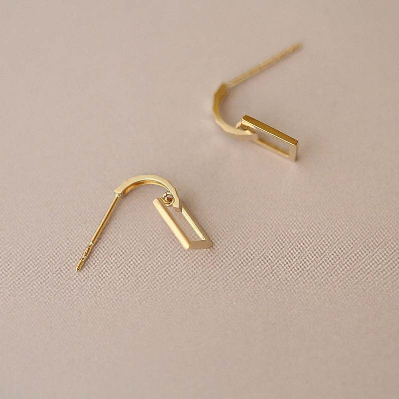 Semicircle Rectangular Frame Pure 9k Gold Stud Earrings-Jewearrings