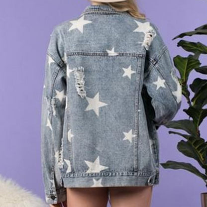 Star Distressed Denim Shacket-Jewearrings