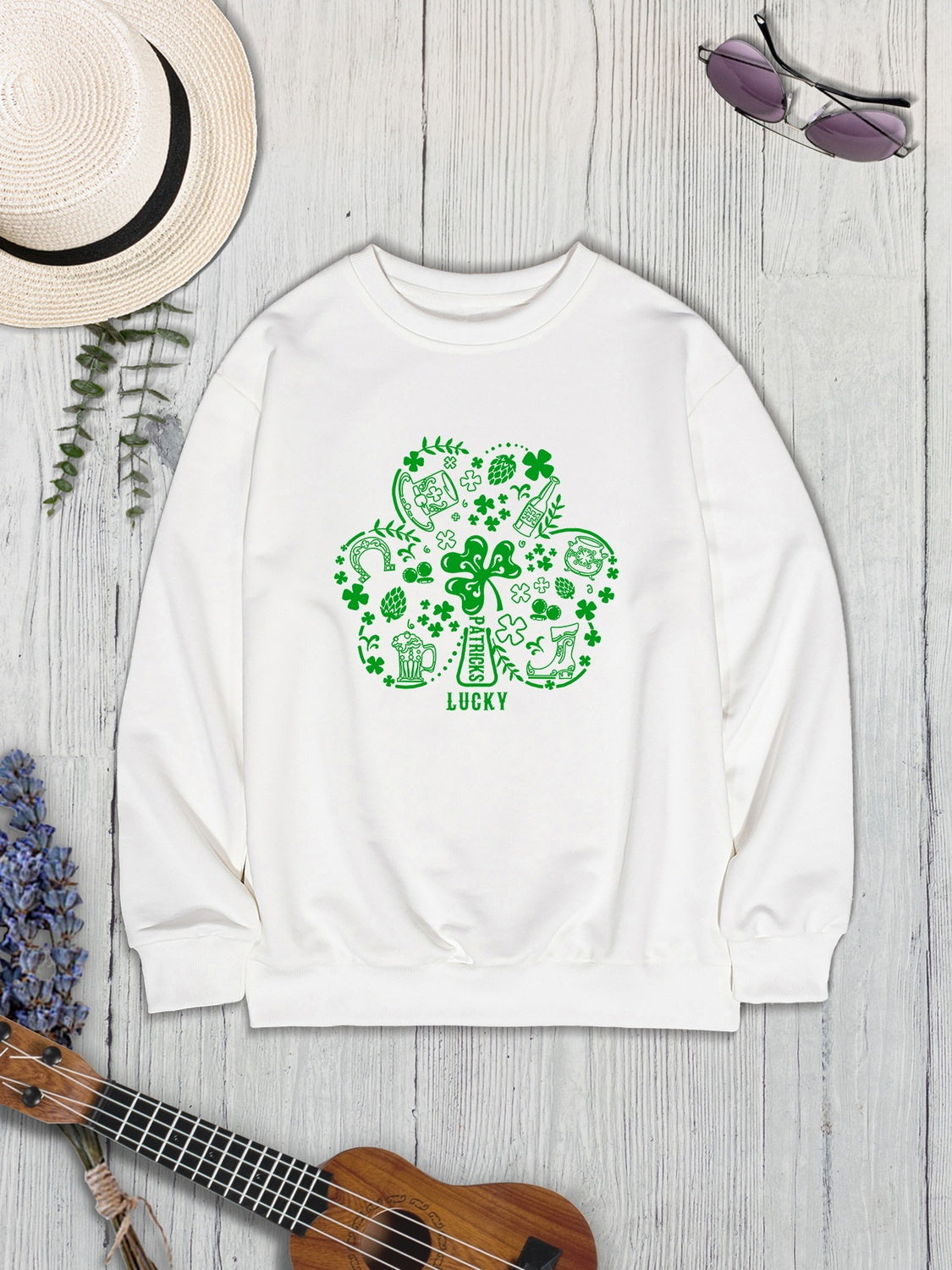 Lucky Clover Round Neck Sweatshirt-Jewearrings