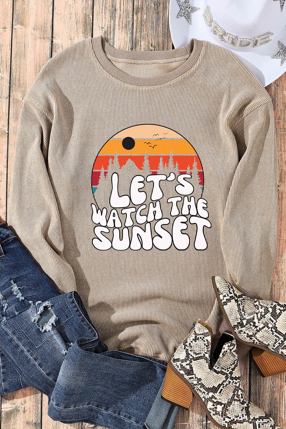 LET'S WATCH THE SUNSET Ribbed Round Neck Sweatshirt-Jewearrings