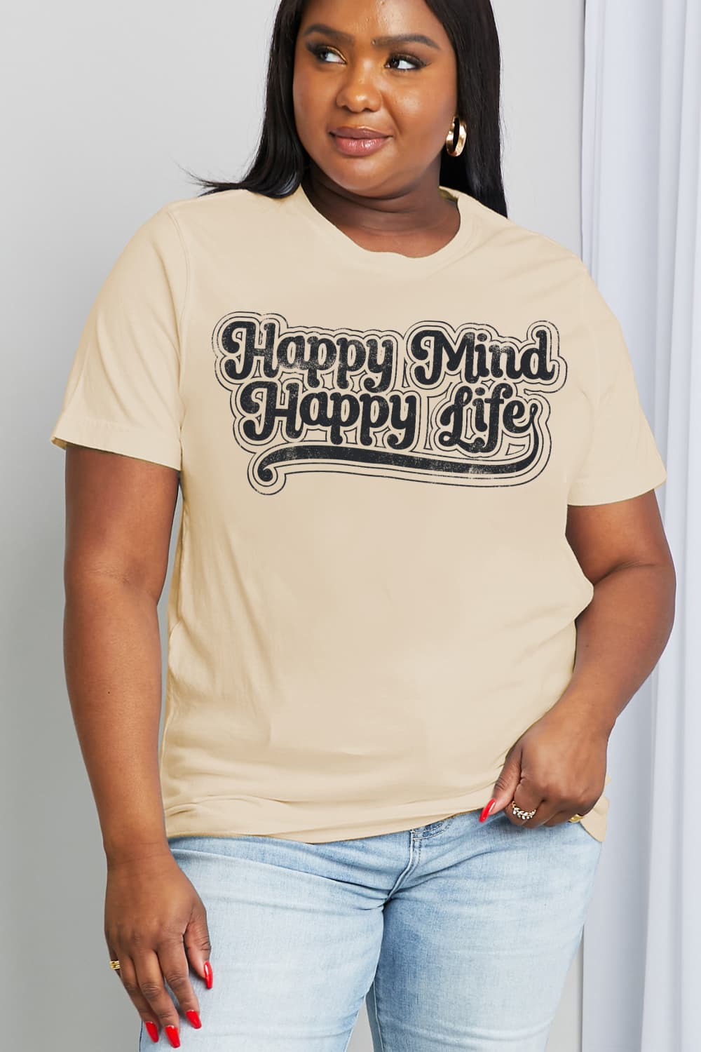 Simply Love Full Size HAPPY MIND HAPPY LIFE Graphic Cotton Tee-Jewearrings