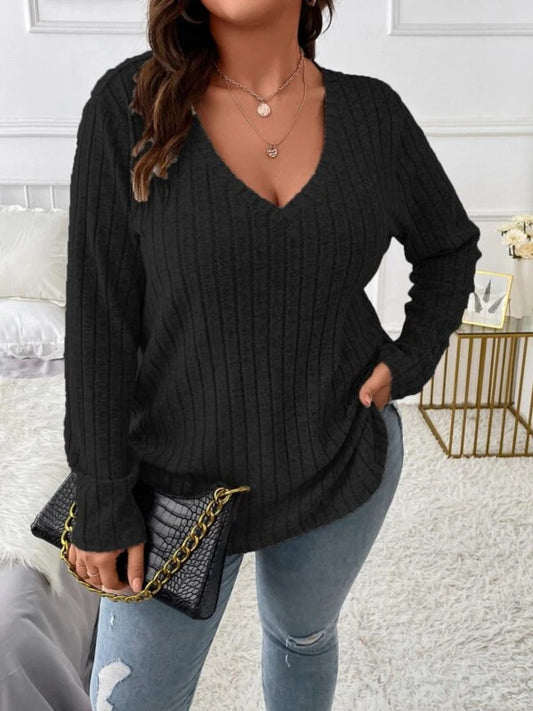 Plus Size V-Neck Long Sleeve T-Shirt-Jewearrings