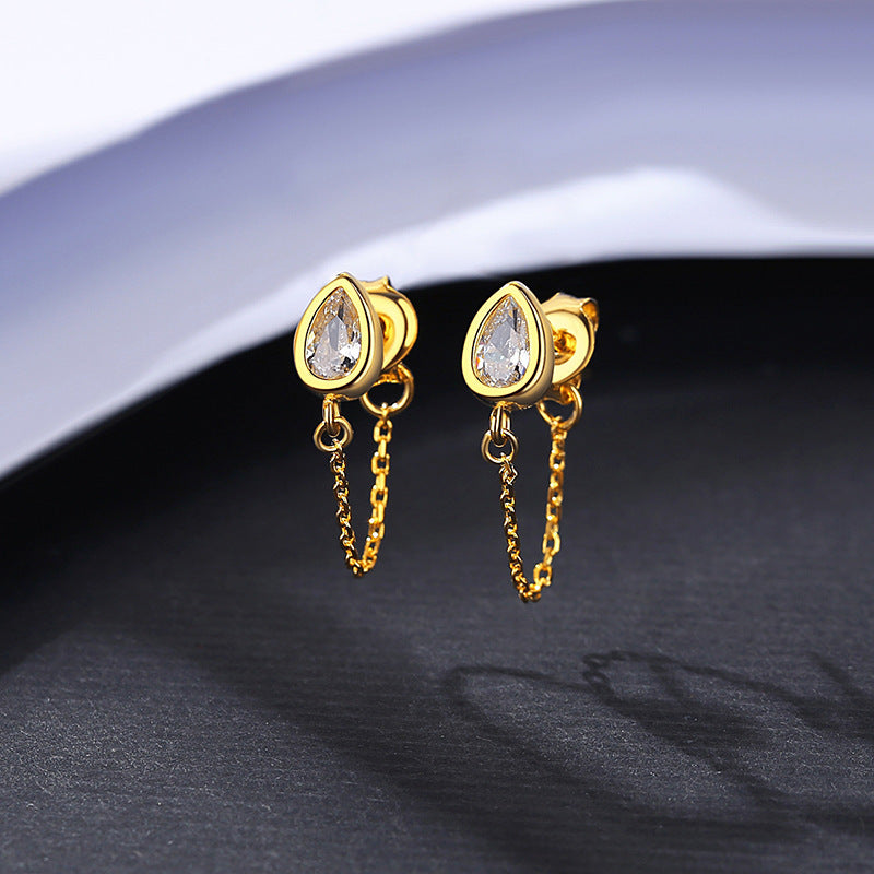 925 Silver Drop Chain Stud Earrings French Zircon-Jewearrings