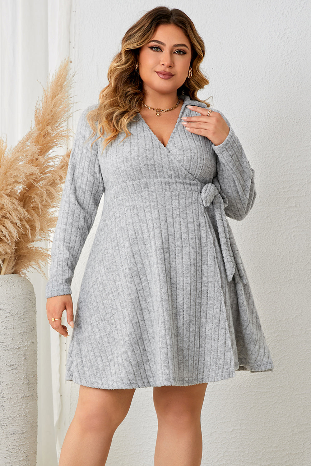 Plus Size Collared Neck Long Sleeve Tied Dress-Jewearrings