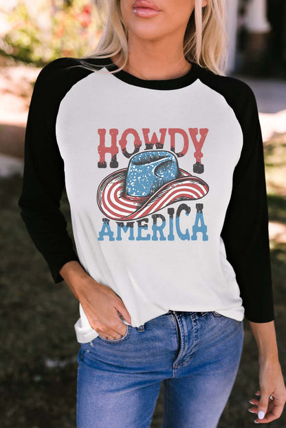 Raglan Sleeve Round Neck HOWDY AMERICA Graphic Tee-Jewearrings