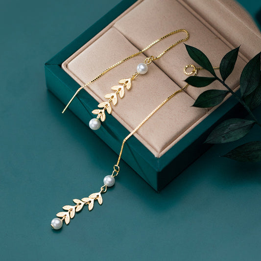 Pearl leaf tassel earrings-Jewearrings