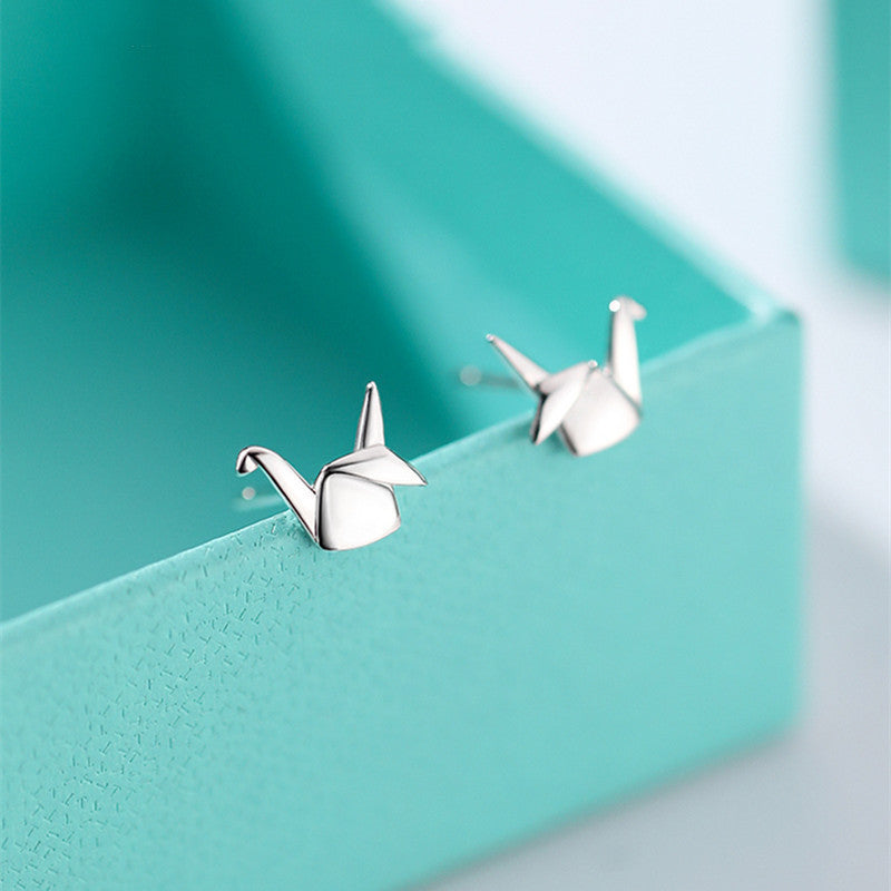 Small 925 Sterling Silver Paper Crane Stud Earrings For Women-Jewearrings