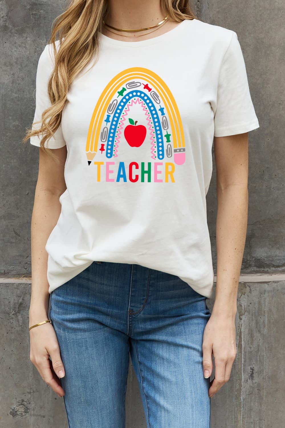 Simply Love Full Size TEACHER Rainbow Graphic Cotton Tee-Jewearrings