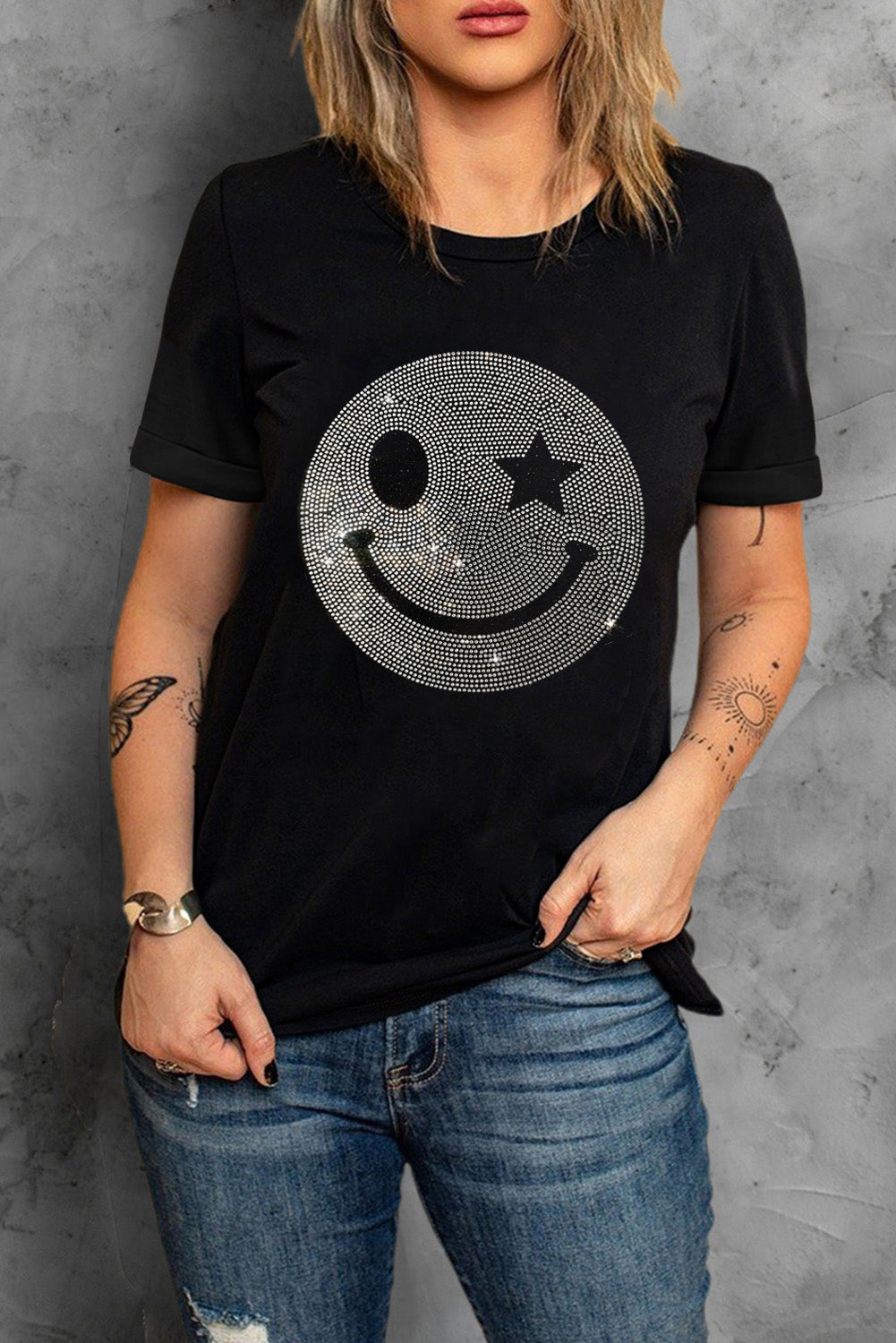 Rhinestone Smiley Round Neck Short Sleeve T-Shirt-Jewearrings