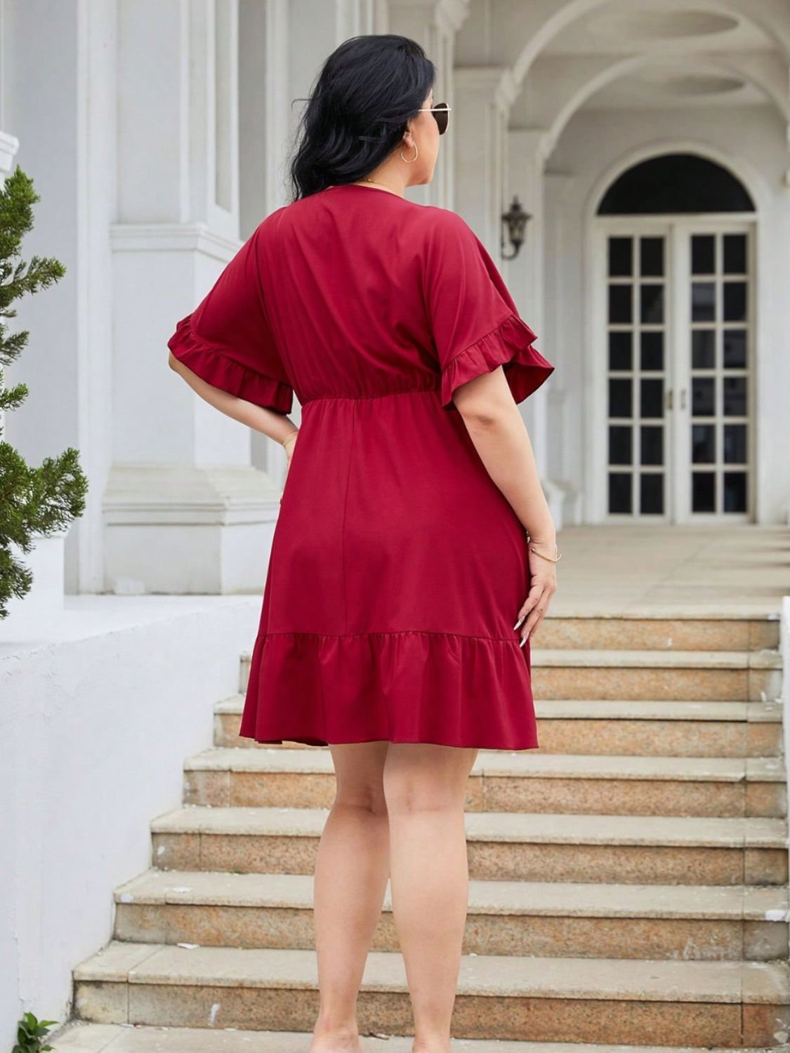 Plus Size Ruched Surplice Flounce Sleeve Mini Dress-Jewearrings