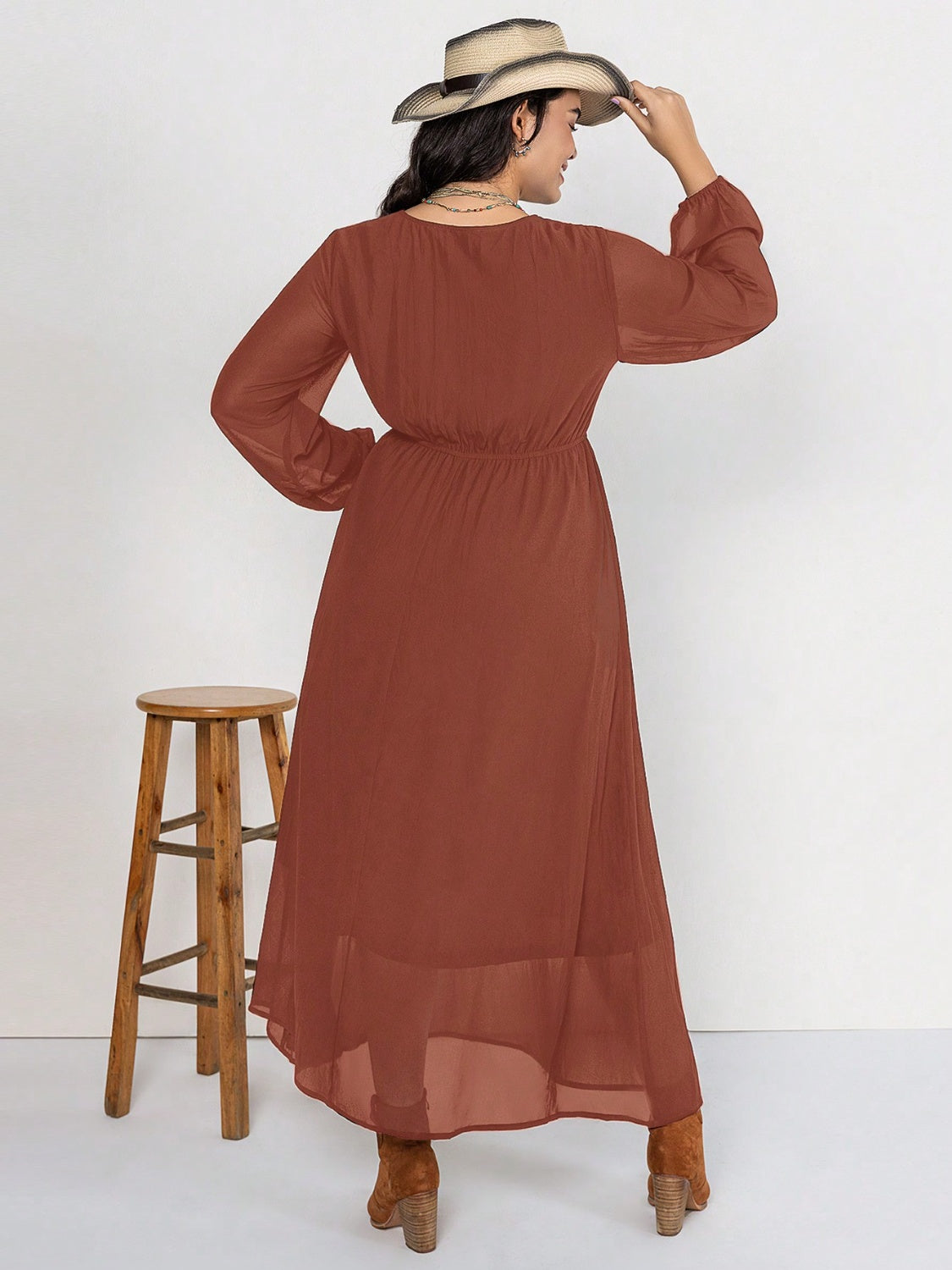 Plus Size Embroidered Tie Neck Long Sleeve Dress-Jewearrings