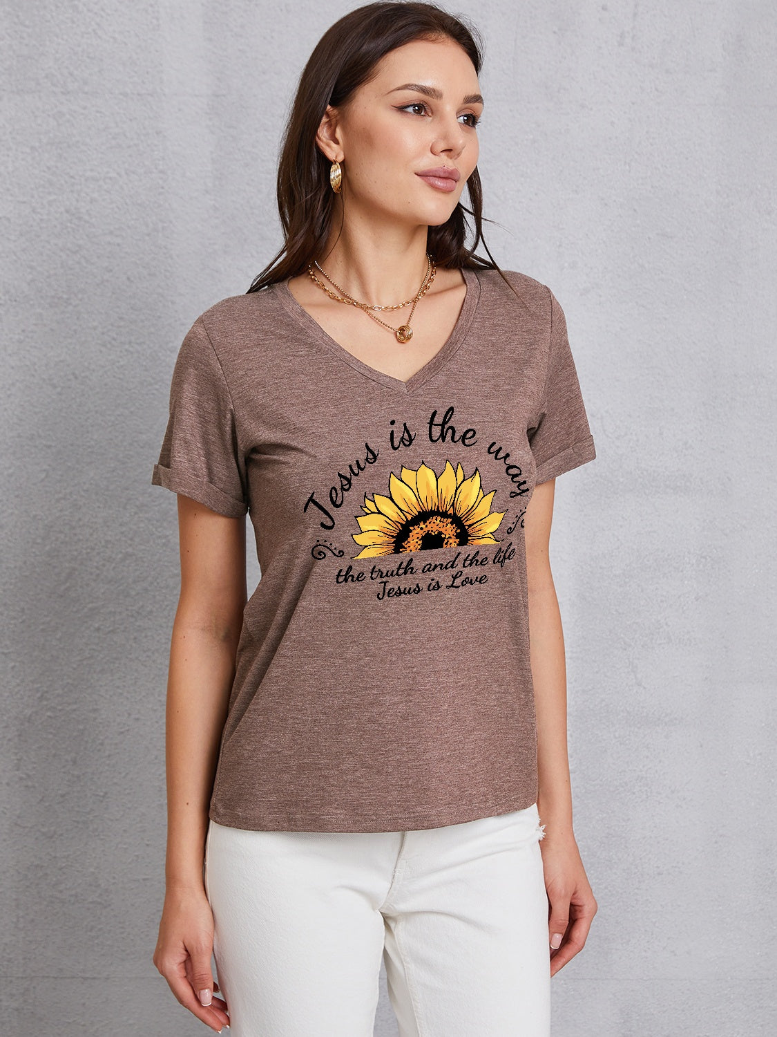 Sunflower V-Neck Short Sleeve T-Shirt-Jewearrings