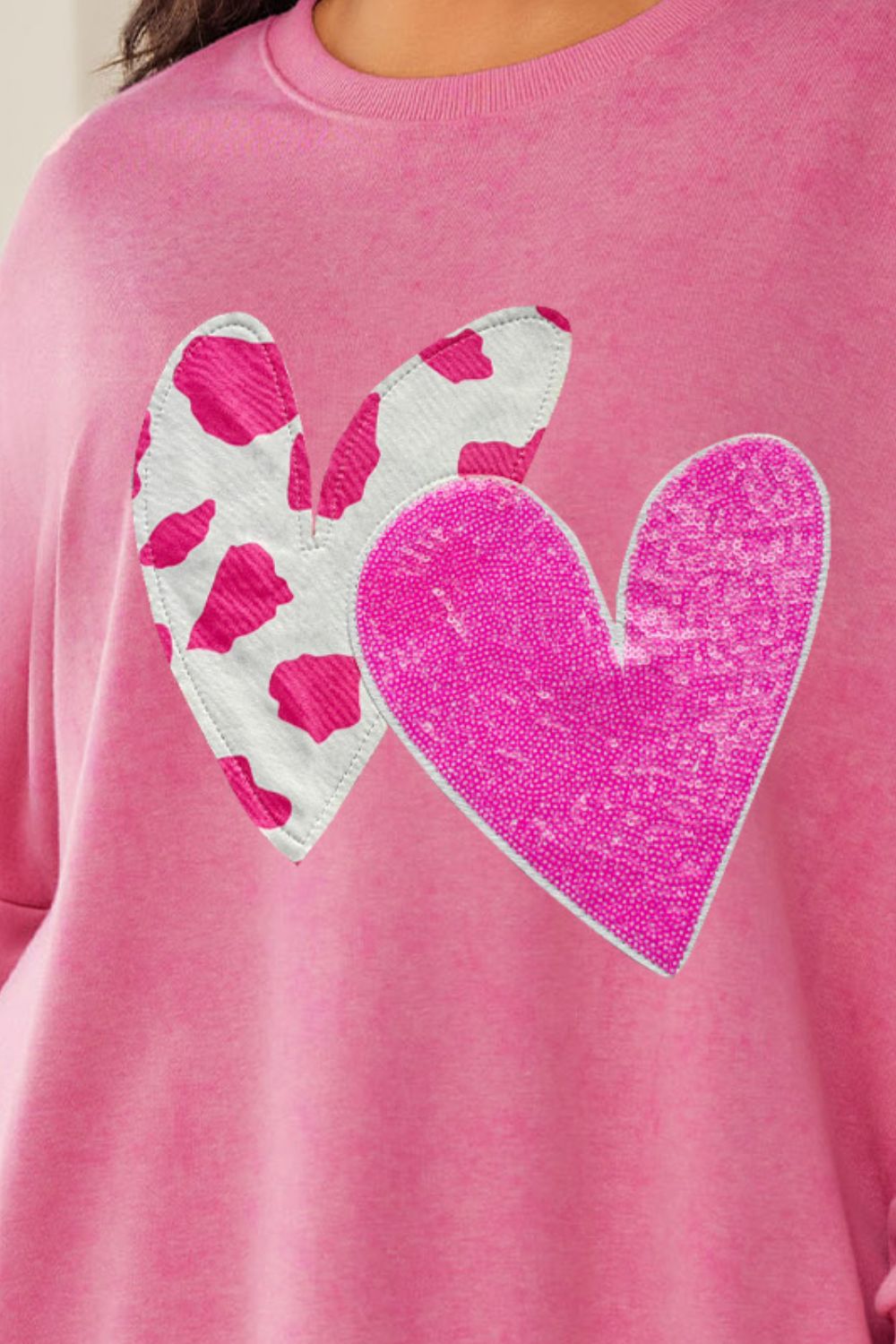 Plus Size Heart Sequin Round Neck Sweatshirt-Jewearrings