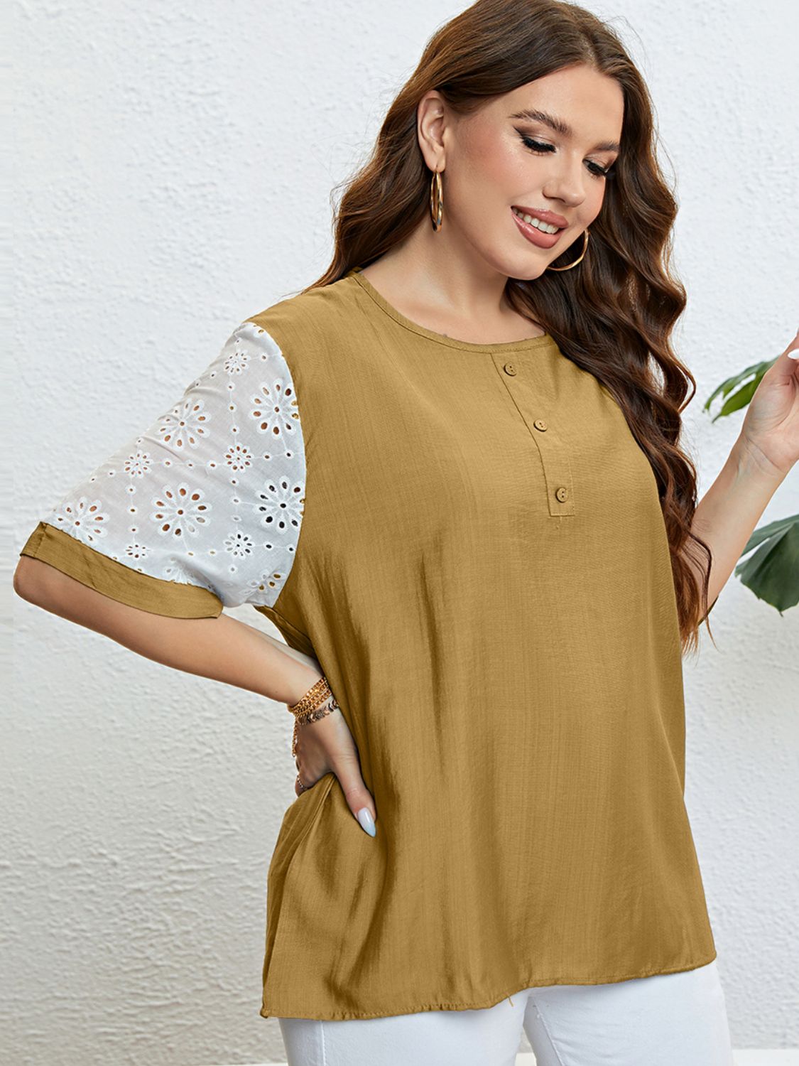 Plus Size Contrast Decorative Button Half Sleeve Top-Jewearrings