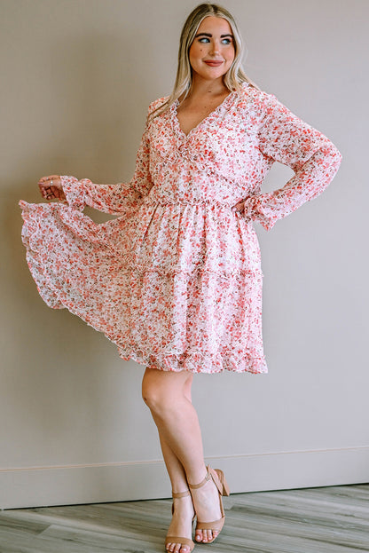 Plus Size Floral V-Neck Frill Long Sleeve Dress-Jewearrings