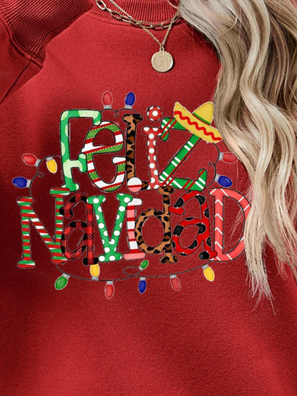 FELIZ NAVIDAD Round Neck Drop Shoulder Sweatshirt-Jewearrings