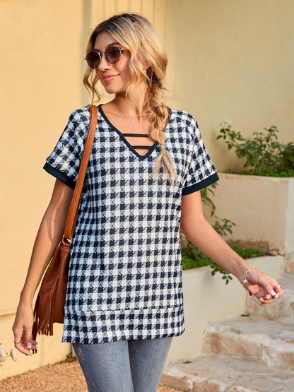 Houndstooth V-Neck Short Sleeve T-Shirt-Jewearrings