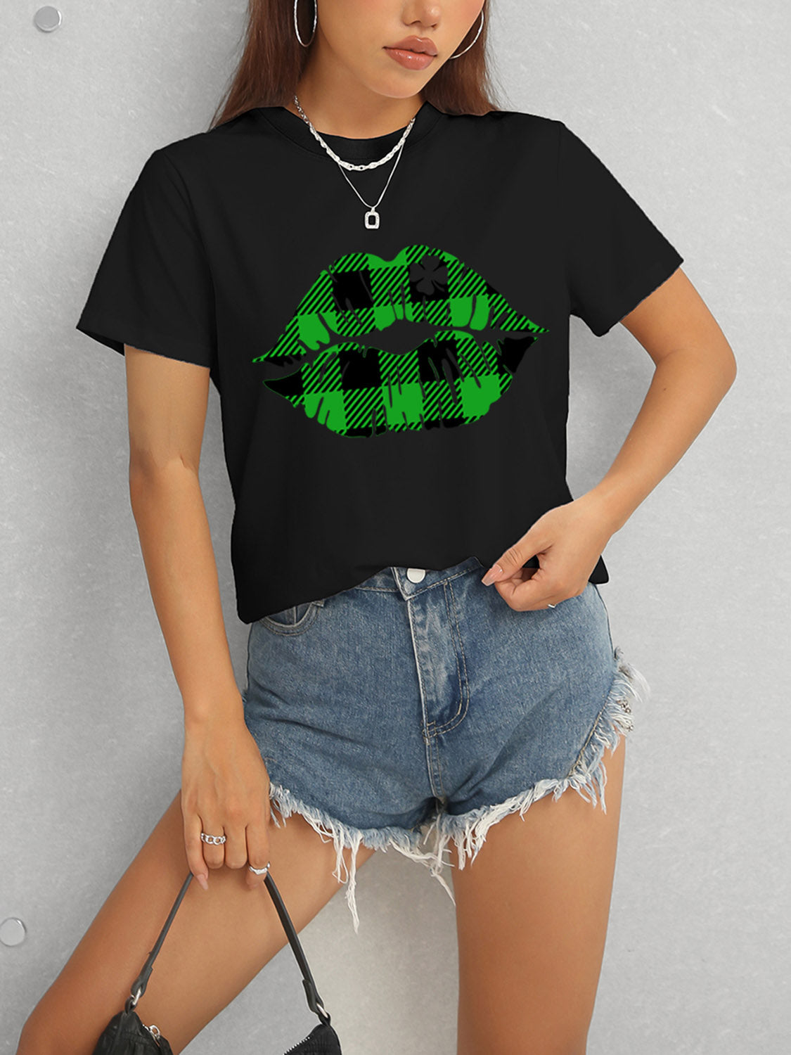 Plaid Lip Graphic Round Neck T-Shirt-Jewearrings