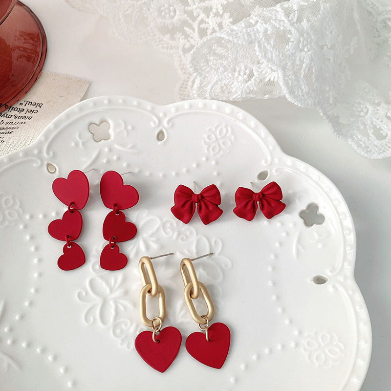 Wine Red Love Baking Varnish Bow Silver Needle Earrings-Jewearrings