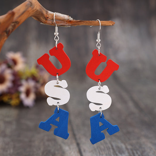 USA Wooden Letter Dangle Earrings-Jewearrings