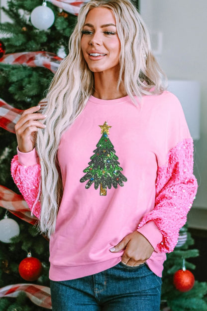 Christmas Tree Sequin Round Neck Sweatshirt-Jewearrings