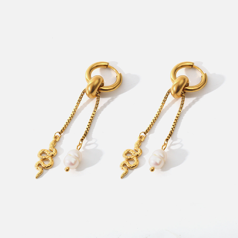 Stainless Steel Electroplated Snake Element Earrings Natural Water Pearl Earrings-Jewearrings