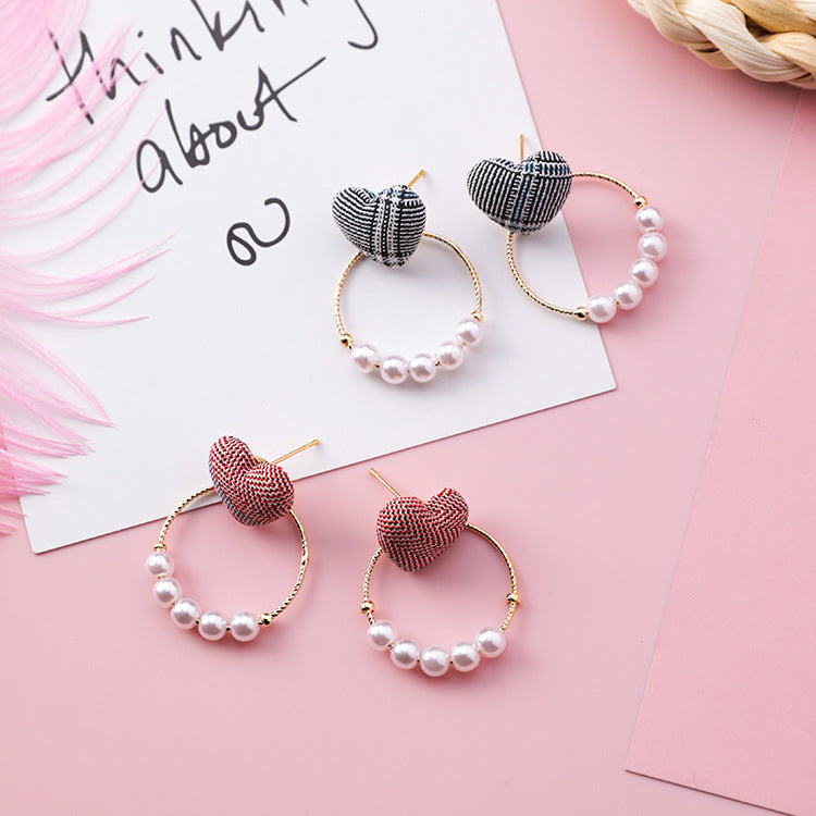 Wild Houndstooth Love Ear Studs Temperament Sweet Pearl Ring Geometric Earrings-Jewearrings