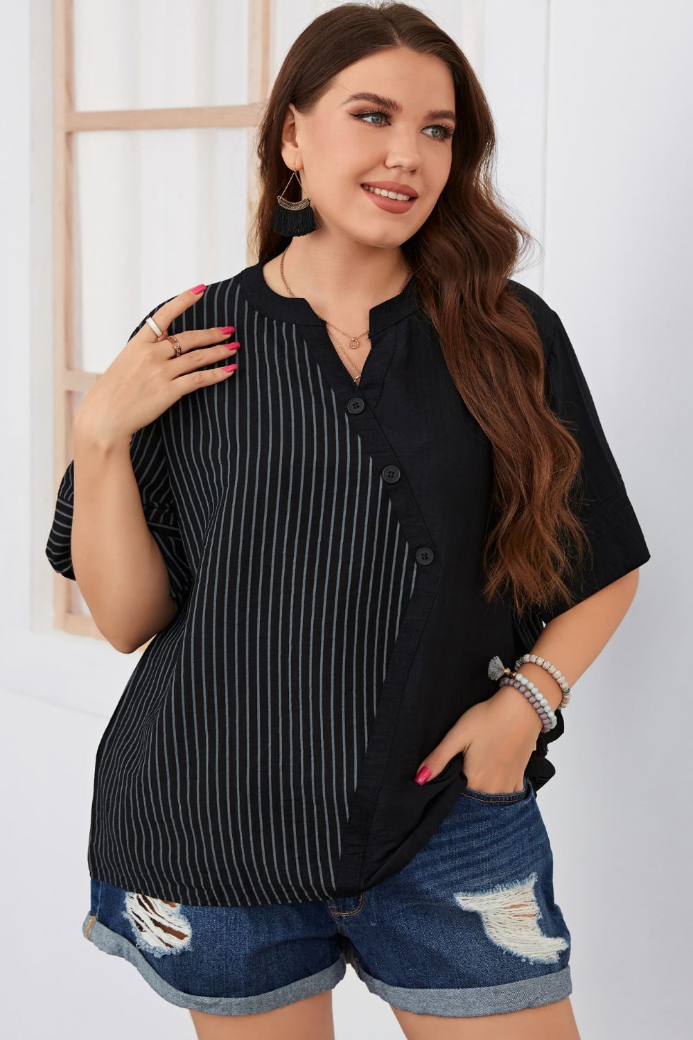 Plus Size Striped Notched Neck Half Sleeve Top-Jewearrings