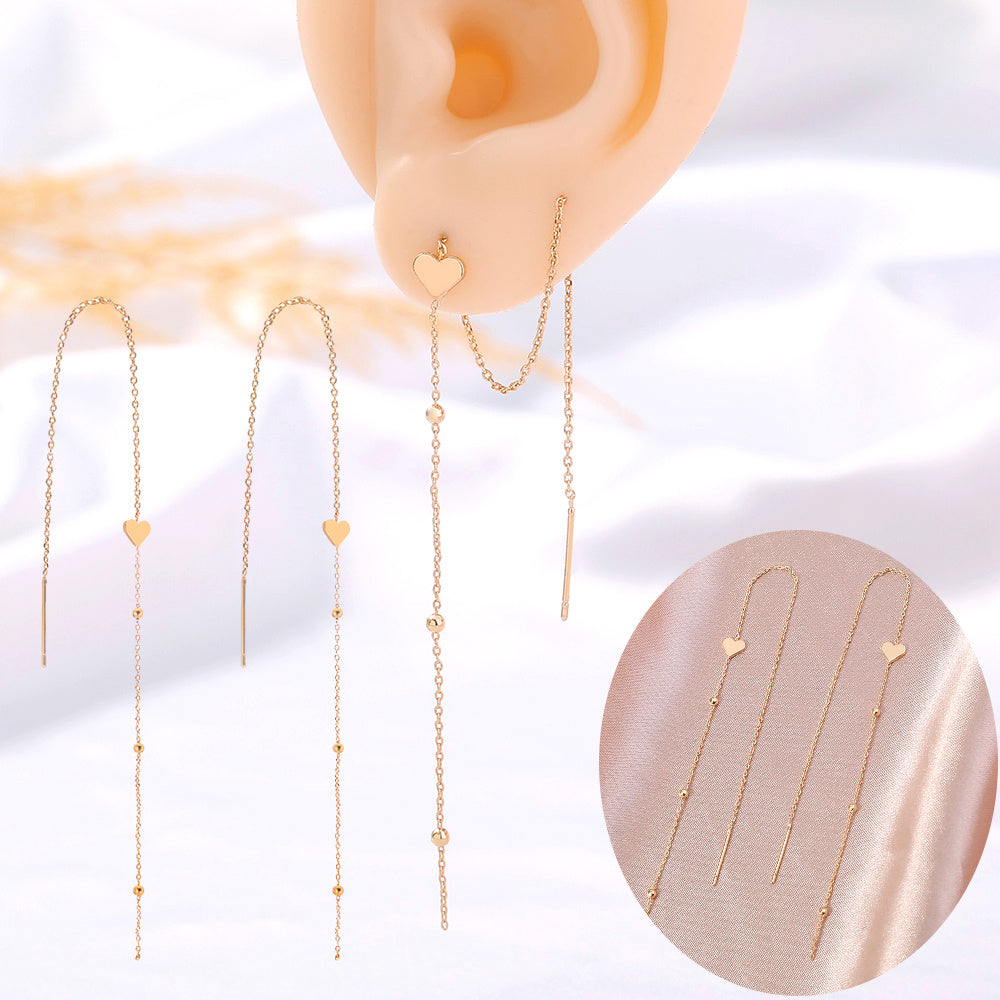 Gold Bronze Heart Long Tassel Drop Earrings-Jewearrings