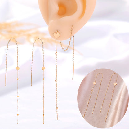 Gold Bronze Heart Long Tassel Drop Earrings-Jewearrings