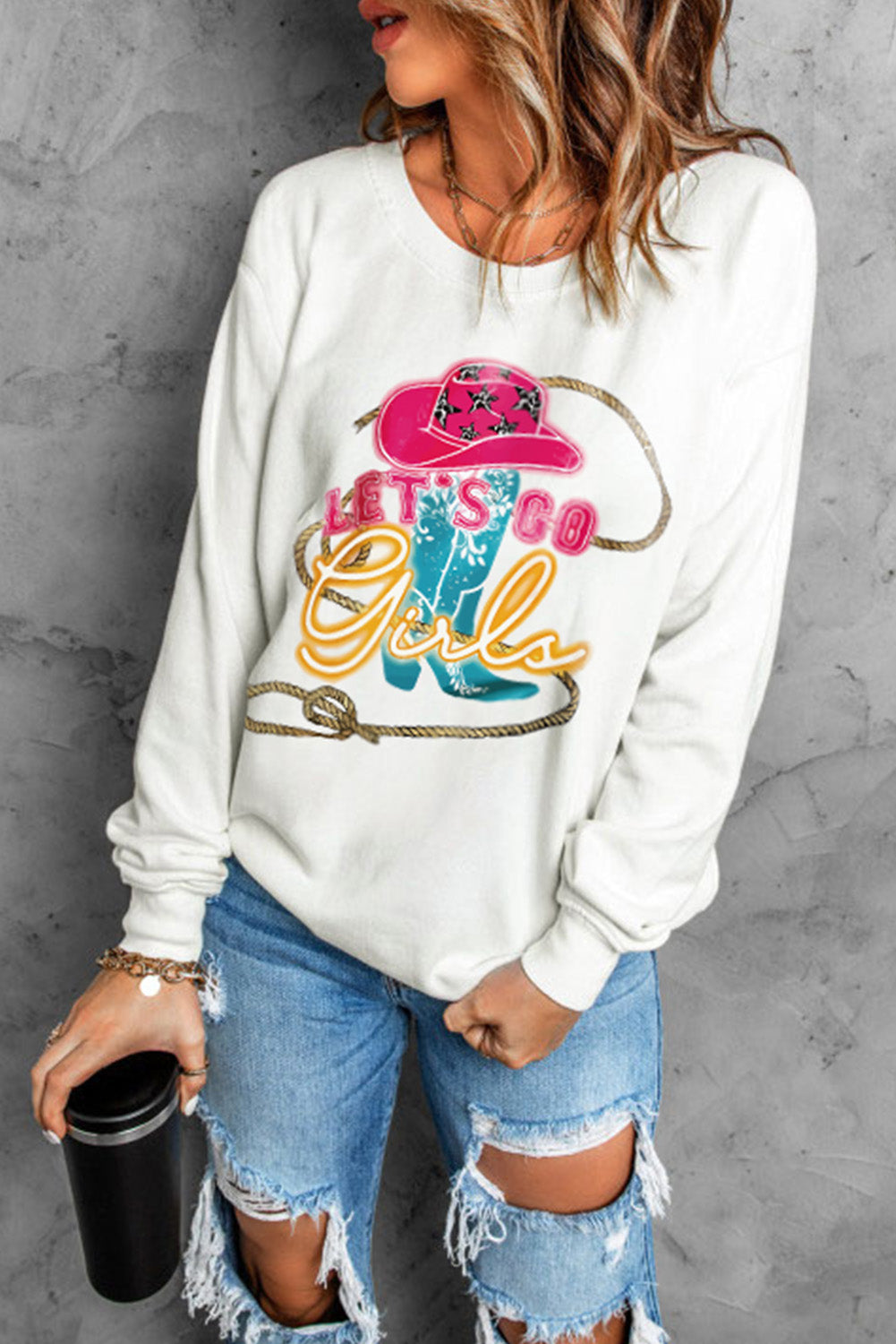 LET'S GO GIRLS Graphic Round Neck Sweatshirt-Jewearrings