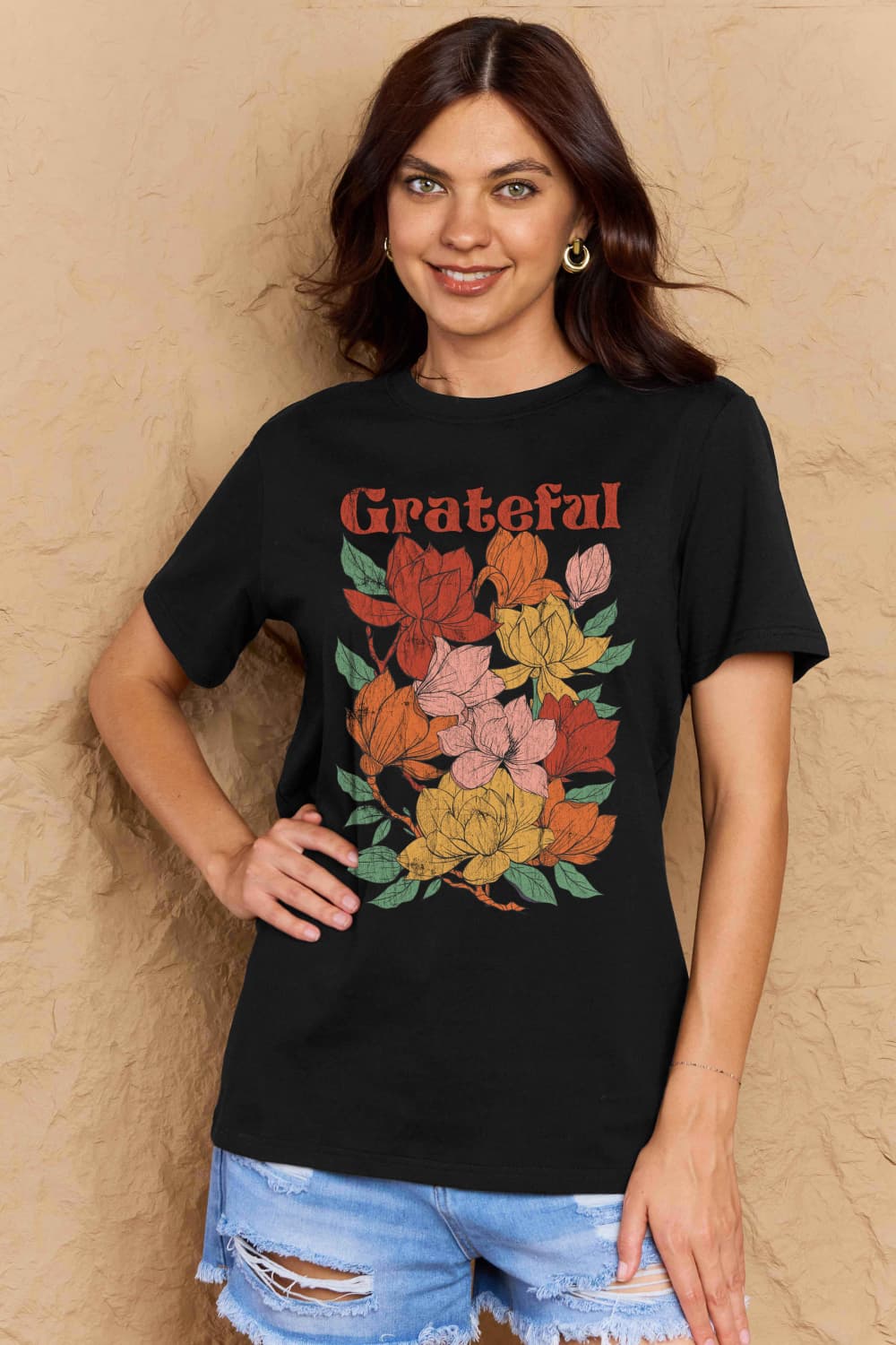 Simply Love Full Size GRATEFUL Flower Graphic Cotton T-Shirt-Jewearrings