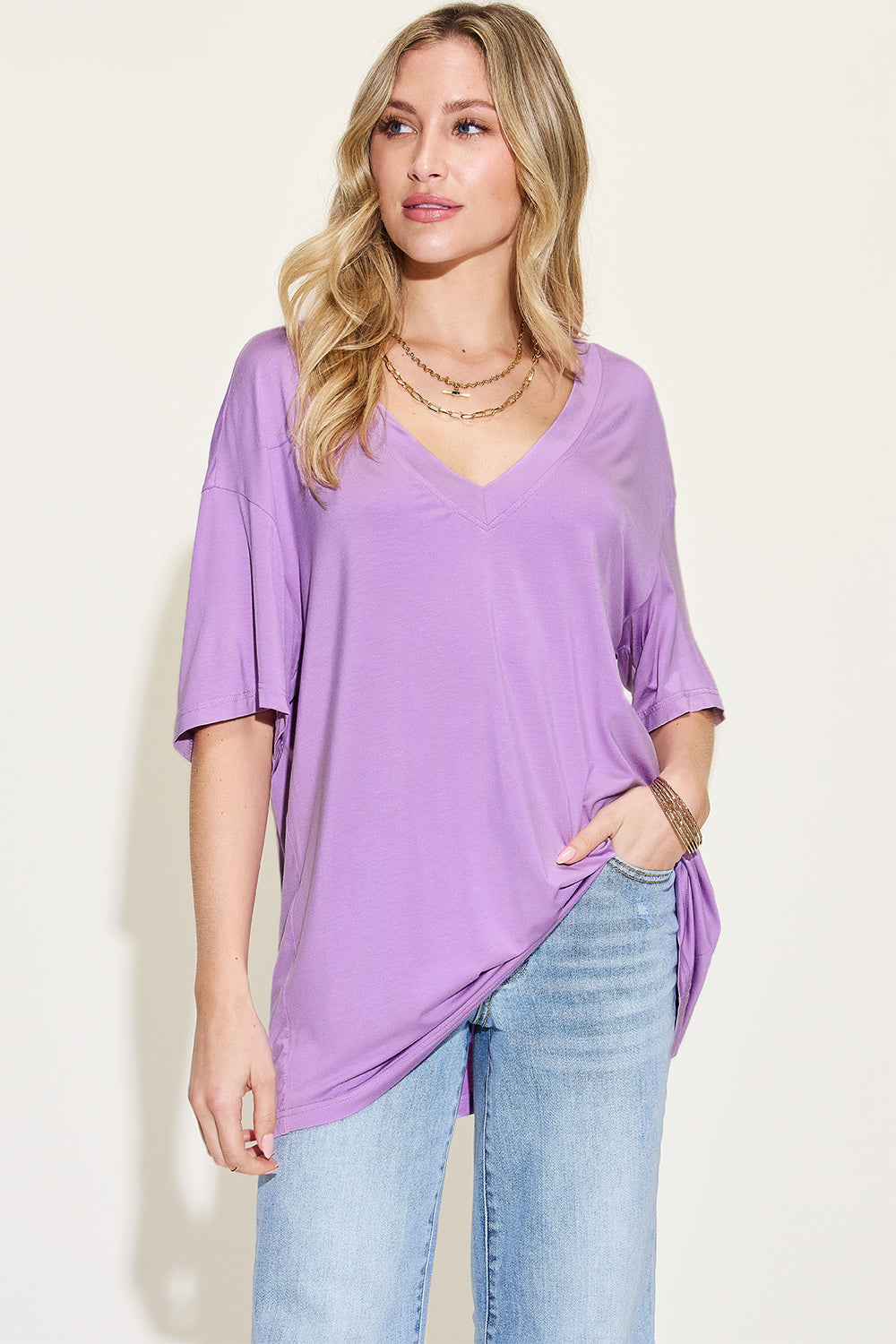 Basic Bae Full Size Bamboo V-Neck Drop Shoulder T-Shirt-Jewearrings