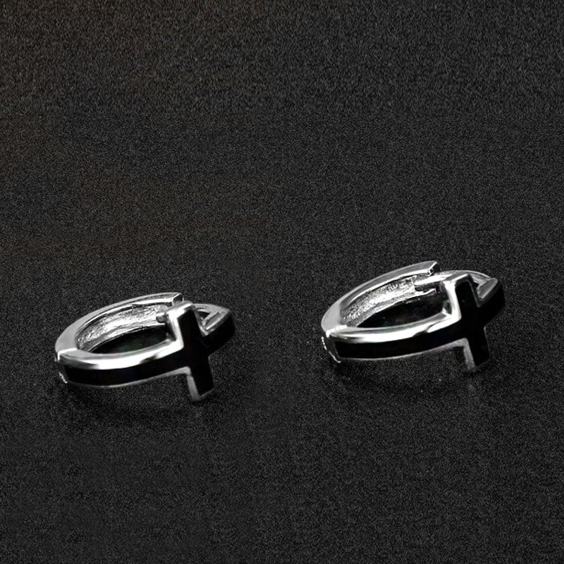 Men's Silver Black Cross Earrings-Jewearrings