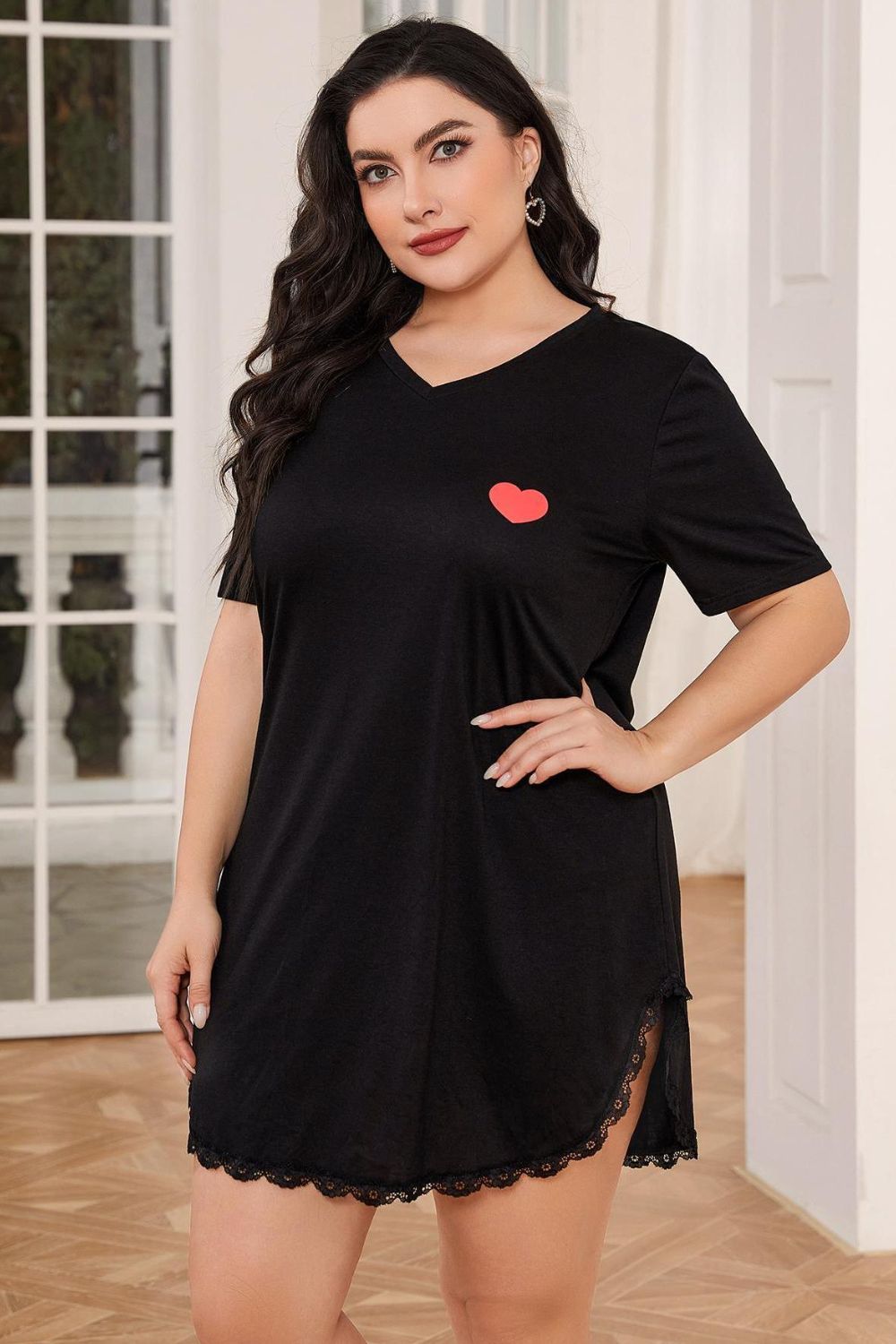 Plus Size Lace Trim V-Neck Short Sleeve Night Dress-Jewearrings