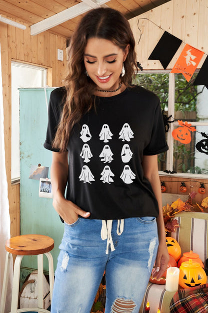 Round Neck Short Sleeve Ghost Graphic T-Shirt-Jewearrings