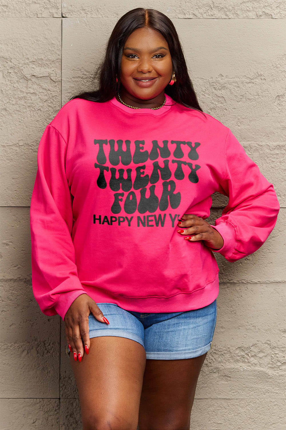 Simply Love Full Size TWENTY TWENTY FOUR HAPPY NEW YEAR Dropped Shoulder Sweatshirt-Jewearrings