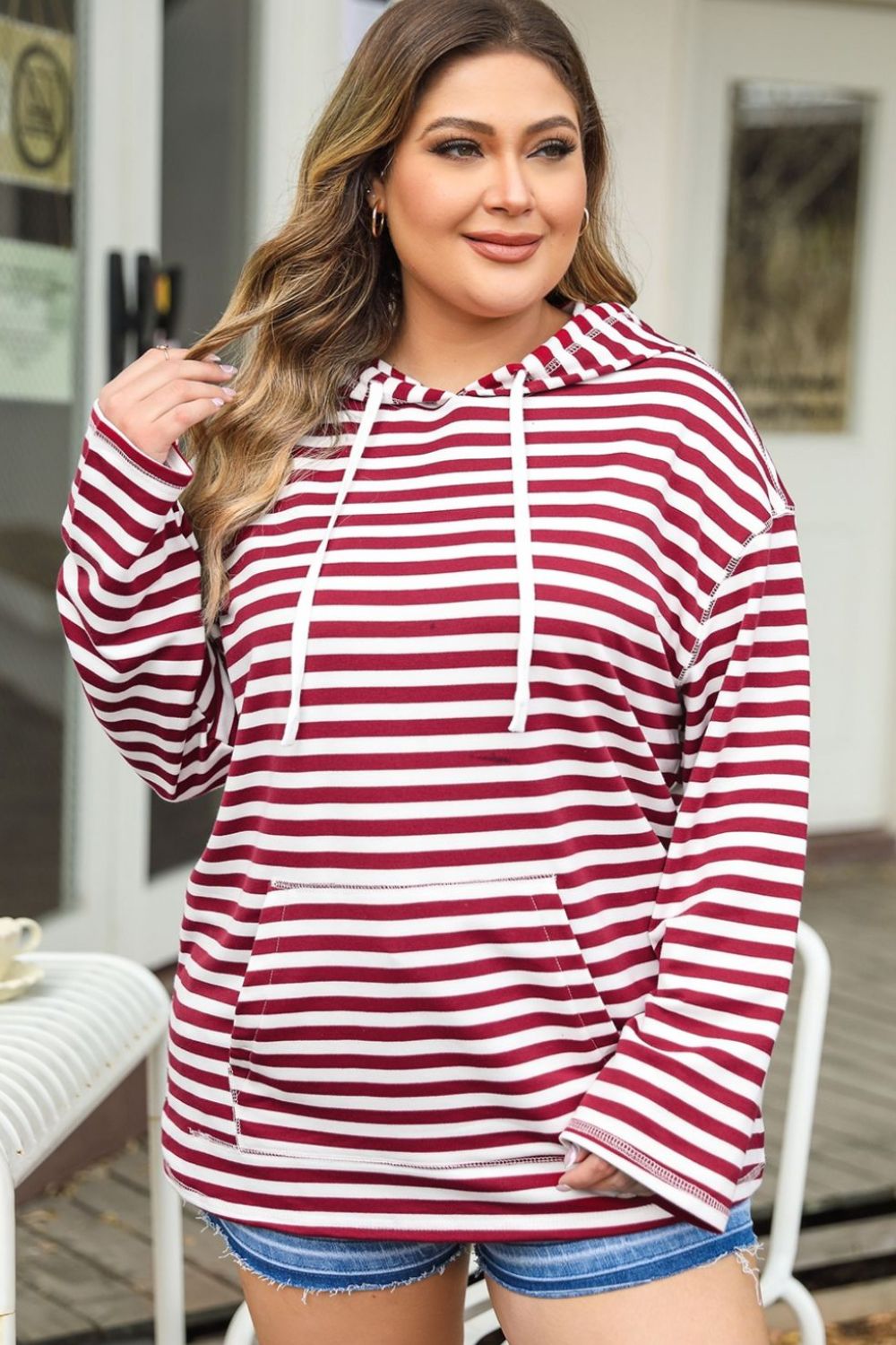 Plus Size Drawstring Striped Dropped Shoulder Hoodie-Jewearrings