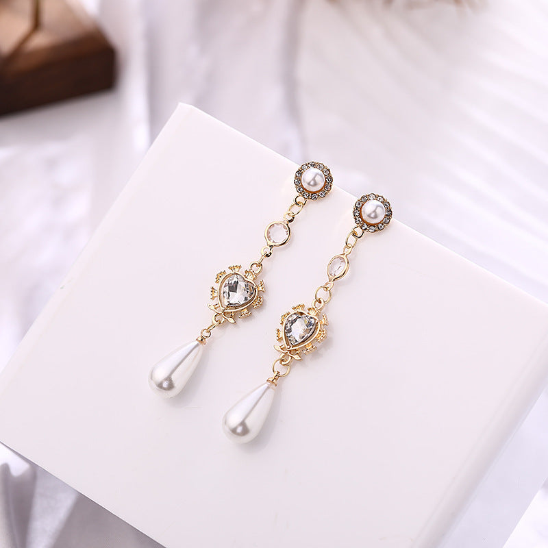 Pearl Earrings Love Rhinestones Long Earrings Women-Jewearrings