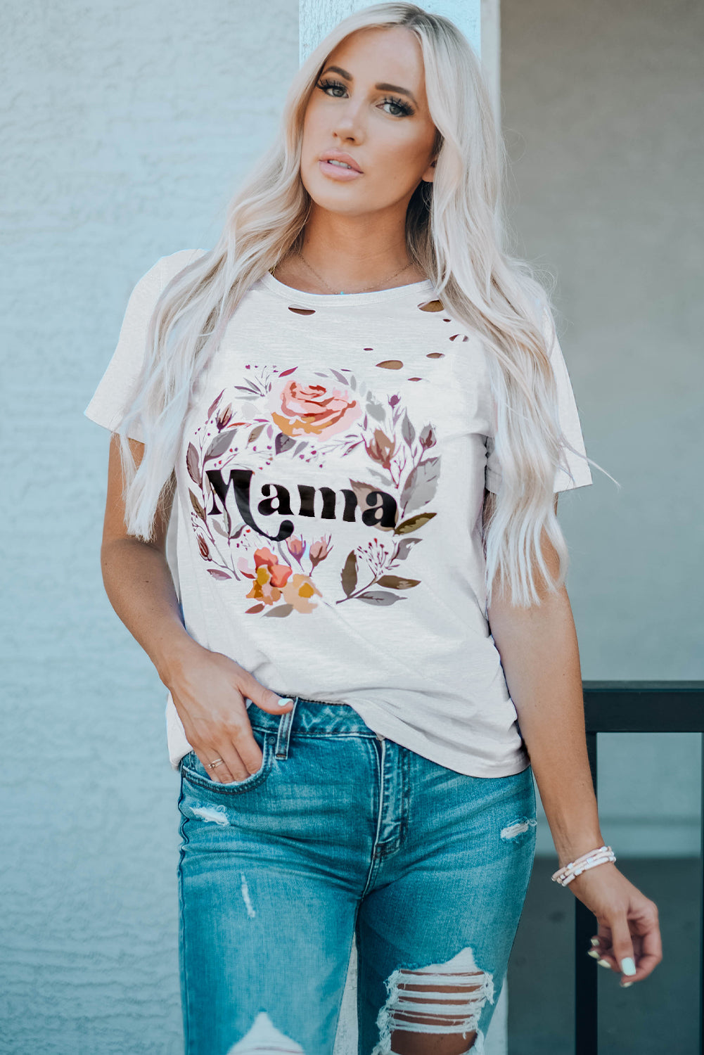 MAMA Floral Graphic Distressed Tee-Jewearrings