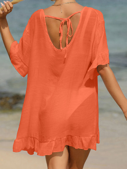 Tied Ruffled Half Sleeve Cover-Up-Jewearrings