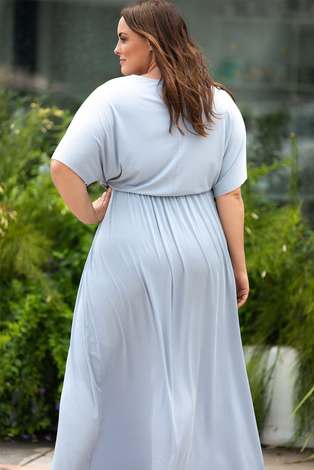 Plus Size Round Neck Split Flutter Sleeve Maxi Dress-Jewearrings