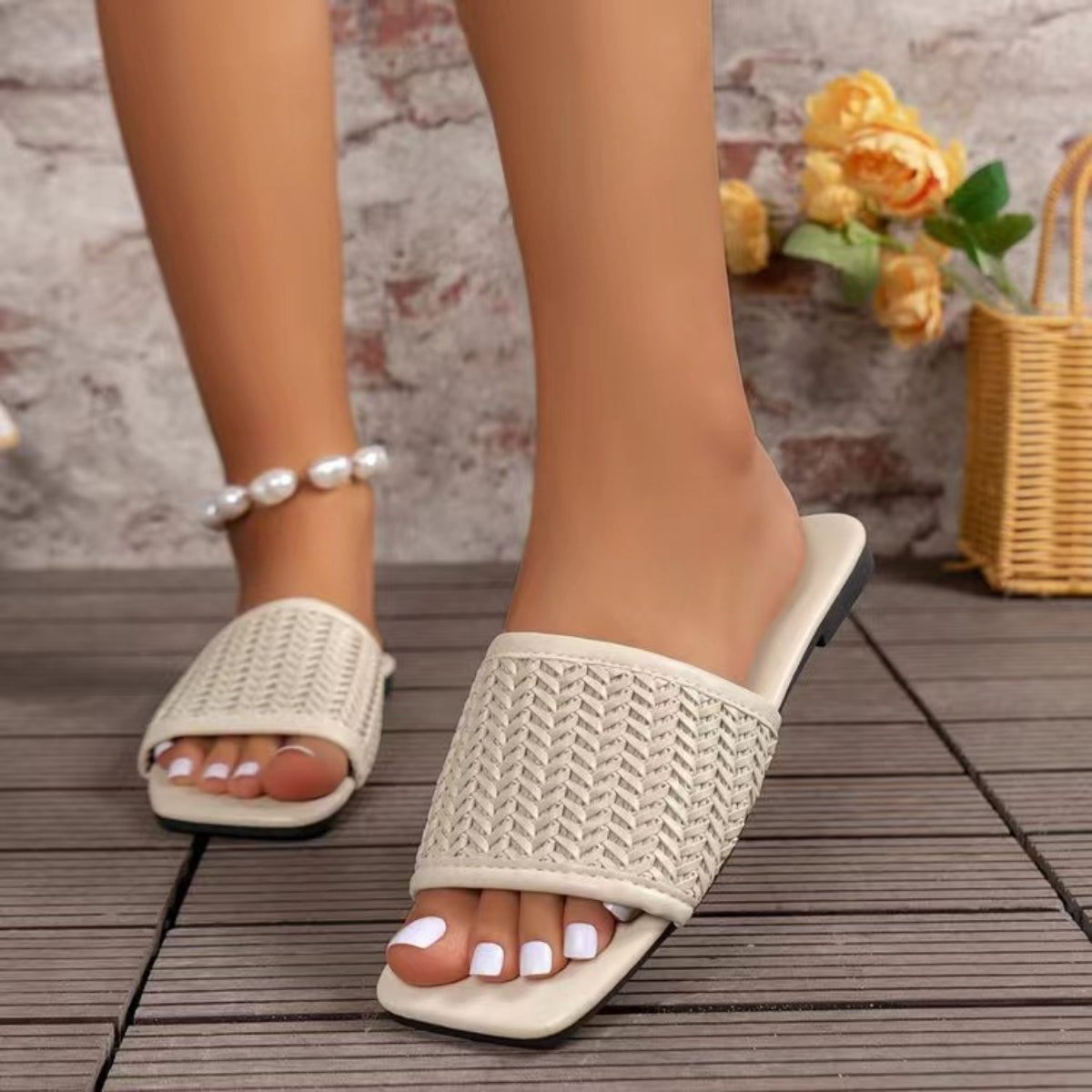 Rattan Woven Flat Sandals-Jewearrings