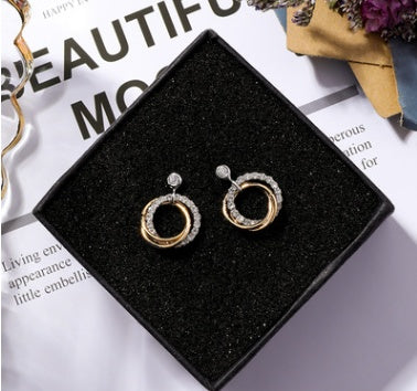 925 silver needle double ring drill ring earrings wild personality hit color earrings simple temperament earrings cold wind earrings female-Jewearrings