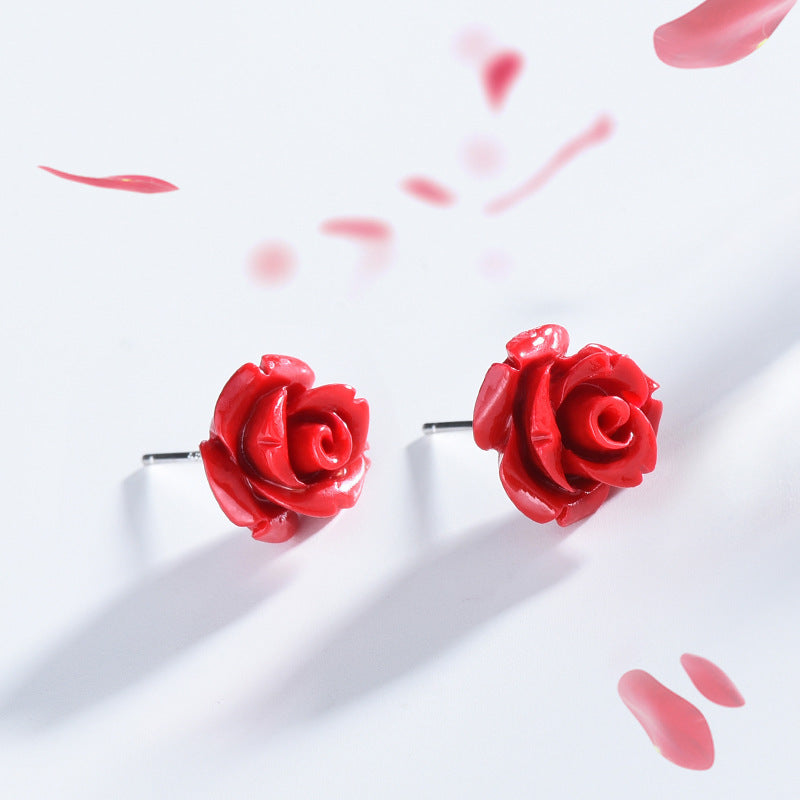 Ladies S925 Sterling Silver Red Rose Temperament Simple Earrings-Jewearrings