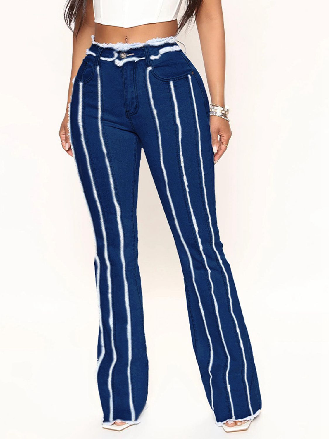 Striped Raw Hem Jeans-Jewearrings